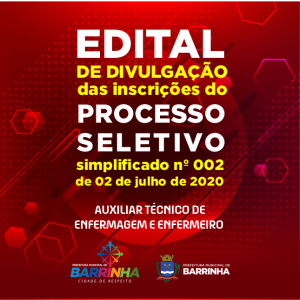 EDITAL DE DIVULGAÇÃO DAS INSCRIÇÕES DO PROCESSO SELETIVO SIMPLIFICADO Nº 002, DE 02 DE JULHO DE 2020.