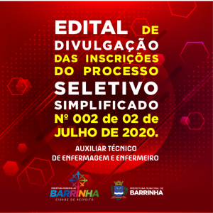 EDITAL FINAL DE DIVULGAÇÃO DAS INSCRIÇÕES DO PROCESSO SELETIVO SIMPLIFICADO Nº 002, DE 02 DE JULHO DE 2020.